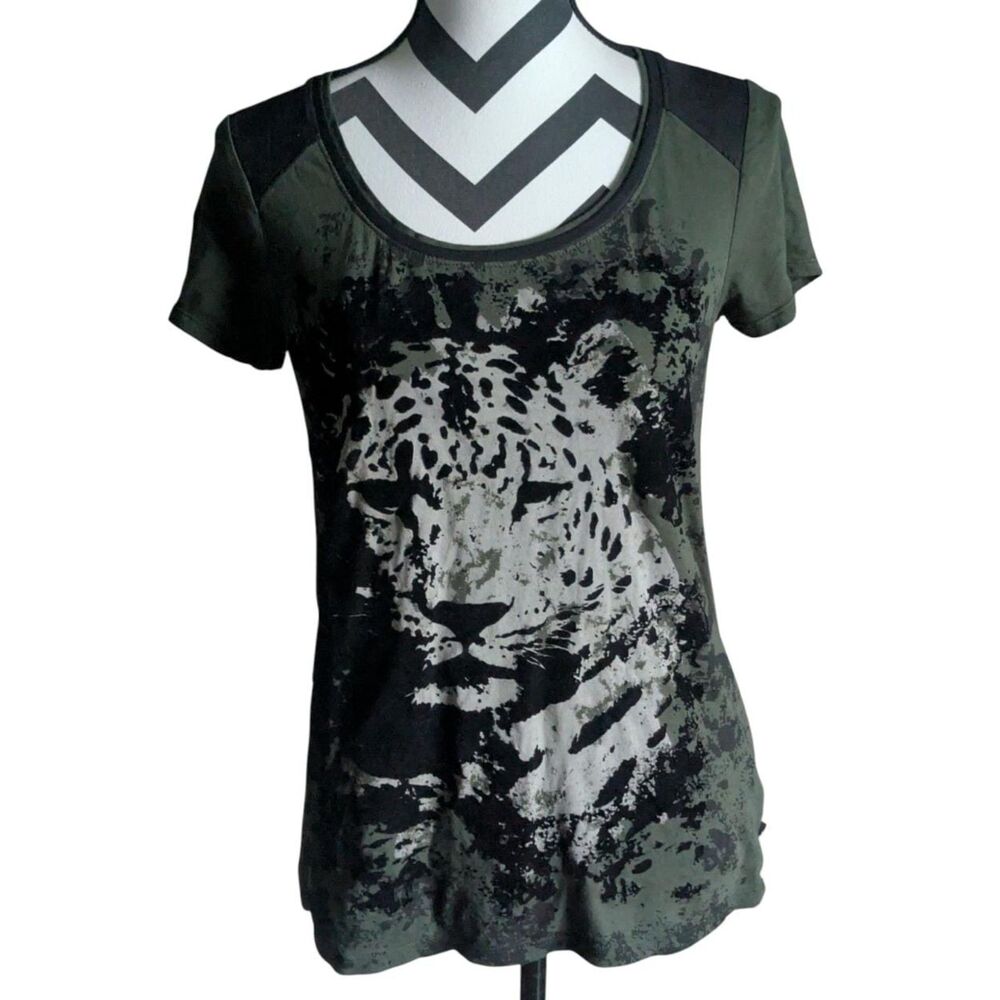 Rock & Republic Leopard Print T-Shirt S Green Black Faux Leather Trim Womens